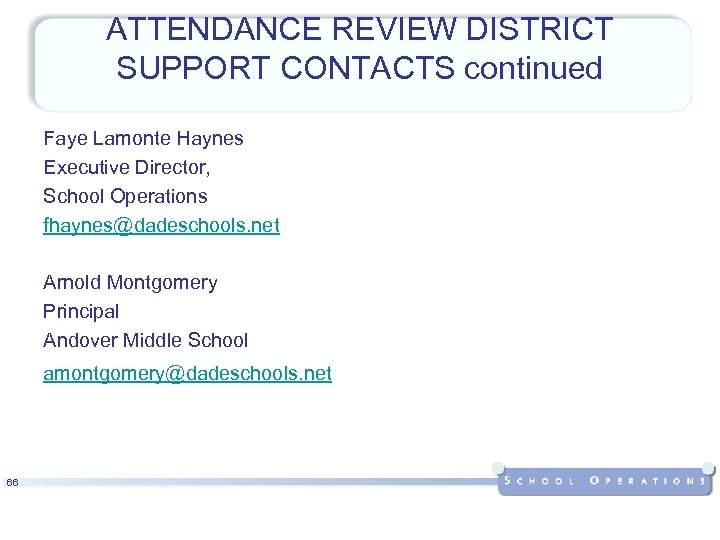 ATTENDANCE REVIEW DISTRICT SUPPORT CONTACTS continued Faye Lamonte Haynes Executive Director, School Operations fhaynes@dadeschools.