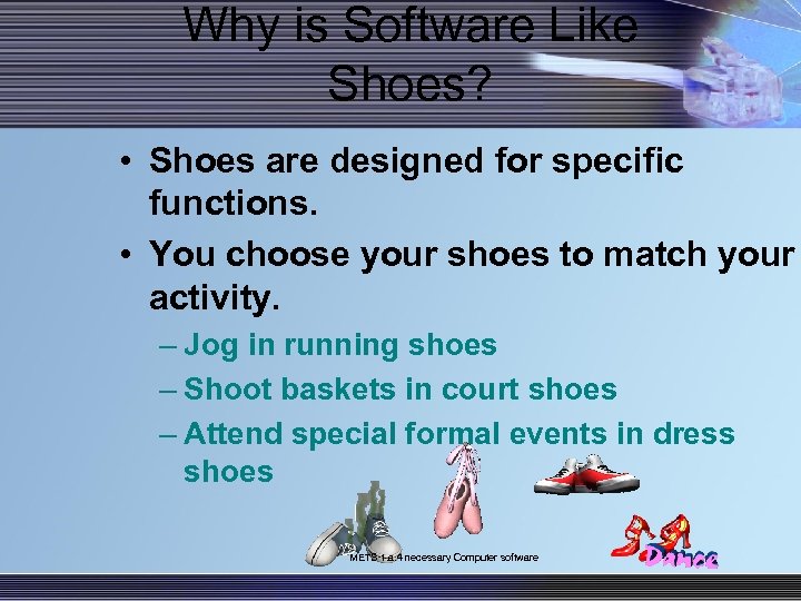 Why is Software Like Shoes? • Shoes are designed for specific functions. • You