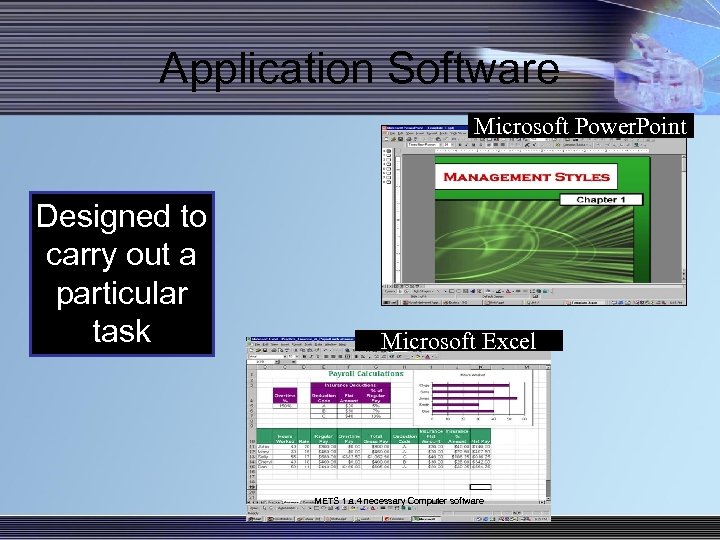 Application Software Microsoft Power. Point Designed to carry out a particular task Microsoft Excel