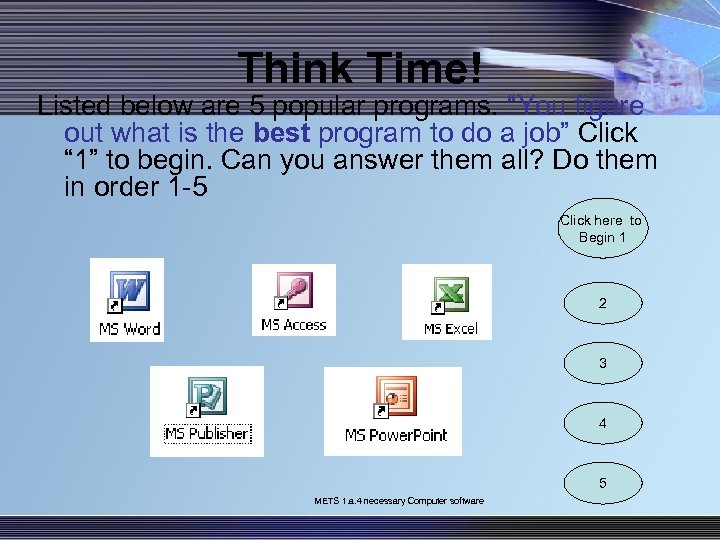 Think Time! Listed below are 5 popular programs. “You figure out what is the
