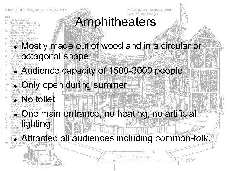  Amphitheaters Mostly made out of wood and in a circular or octagonal shape