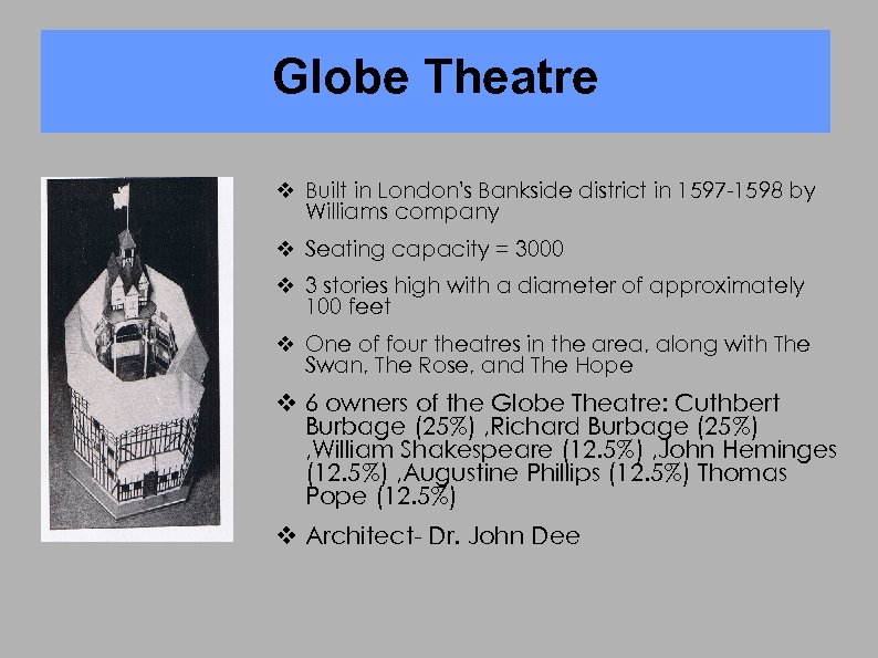 Globe Theatre v Built in London's Bankside district in 1597 -1598 by Williams company