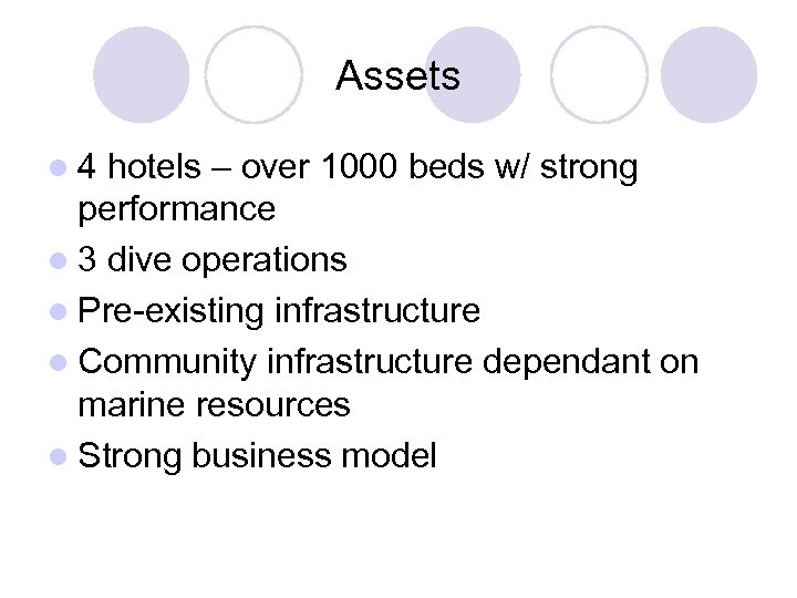 Assets l 4 hotels – over 1000 beds w/ strong performance l 3 dive