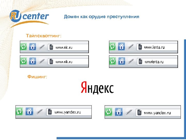 Домен как орудие преступления Тайпсквоттинг: Фишинг: 