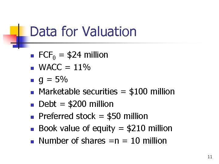 Data for Valuation n n n n FCF 0 = $24 million WACC =