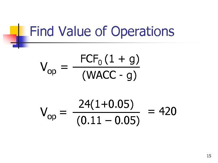 Find Value of Operations Vop = FCF 0 (1 + g) (WACC - g)