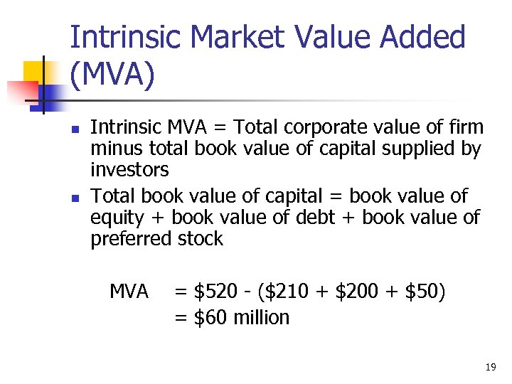 Intrinsic Market Value Added (MVA) n n Intrinsic MVA = Total corporate value of