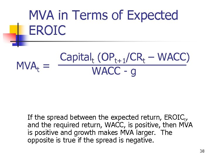 MVA in Terms of Expected EROIC Capitalt (OPt+1/CRt – WACC) MVAt = WACC -