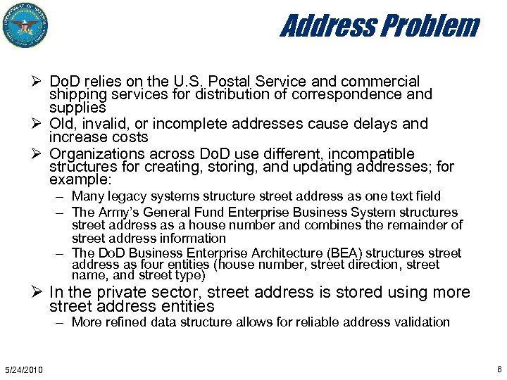 Address Problem Ø Do. D relies on the U. S. Postal Service and commercial