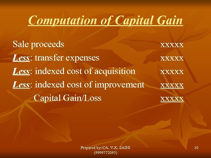 Computation of Capital Gain Sale proceeds Less: transfer expenses Less: indexed cost of acquisition
