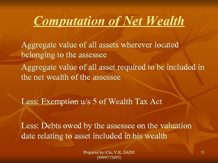 Computation of Net Wealth Aggregate value of all assets wherever located belonging to the