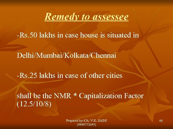 Remedy to assessee -Rs. 50 lakhs in case house is situated in Delhi/Mumbai/Kolkata/Chennai -Rs.