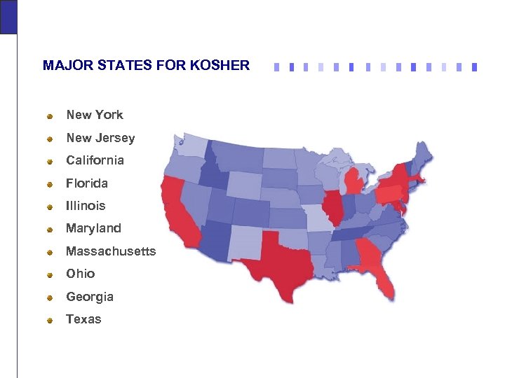 MAJOR STATES FOR KOSHER New York New Jersey California Florida Illinois Maryland Massachusetts Ohio