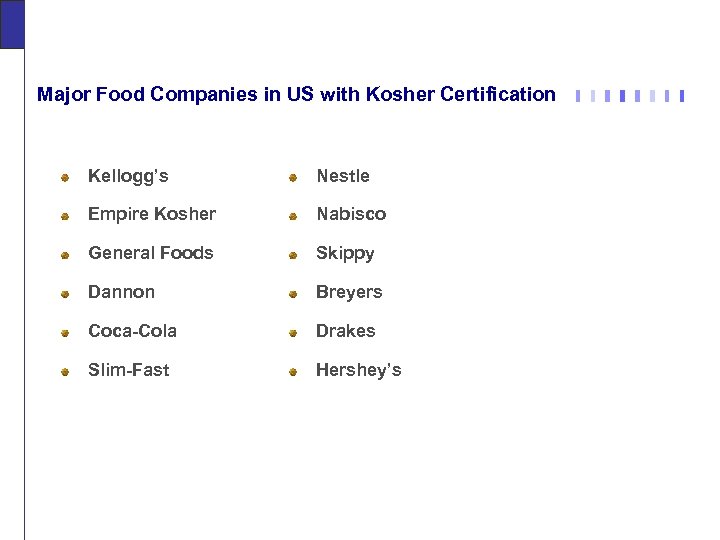 Major Food Companies in US with Kosher Certification Kellogg’s Nestle Empire Kosher Nabisco General