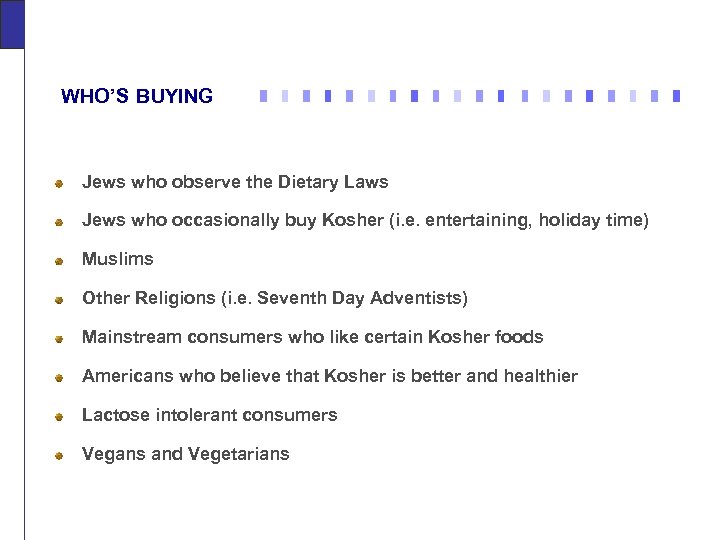 WHO’S BUYING Jews who observe the Dietary Laws Jews who occasionally buy Kosher (i.
