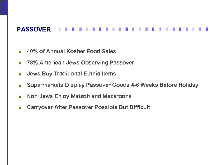 PASSOVER 40% of Annual Kosher Food Sales 78% American Jews Observing Passover Jews Buy