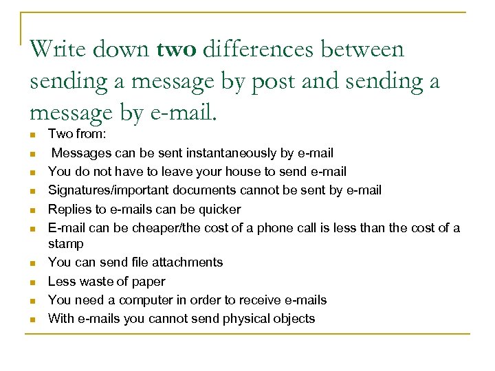 Write down two differences between sending a message by post and sending a message