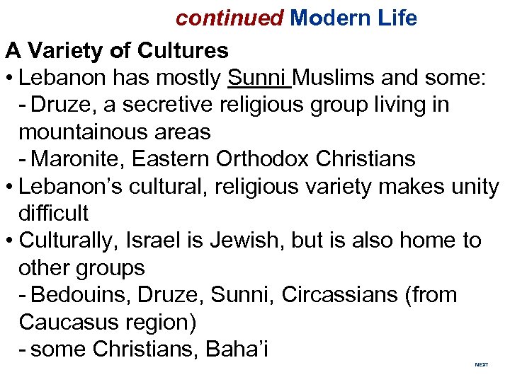 continued Modern Life A Variety of Cultures • Lebanon has mostly Sunni Muslims and