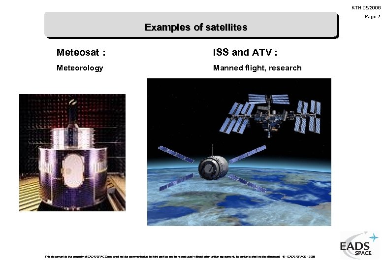 KTH 05/2006 Page 7 Examples of satellites Meteosat : ISS and ATV : Meteorology