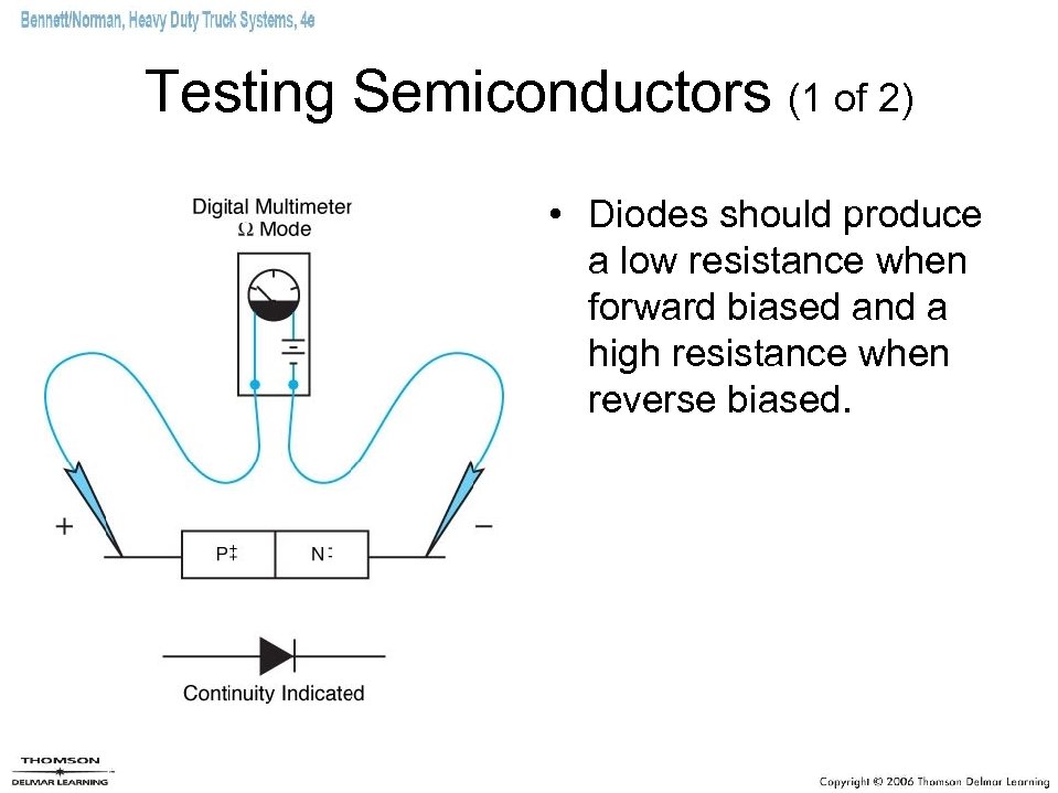 Testing Semiconductors (1 of 2) • Diodes should produce a low resistance when forward