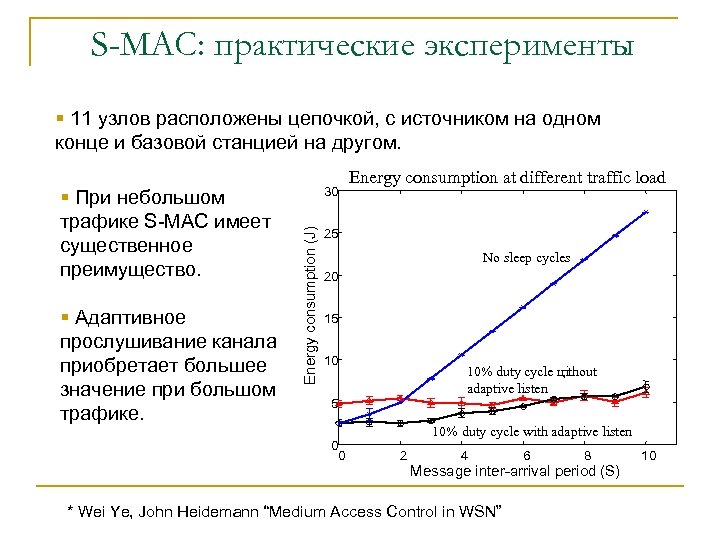 S-MAC: практические эксперименты § 11 узлов расположены цепочкой, с источником на одном конце и