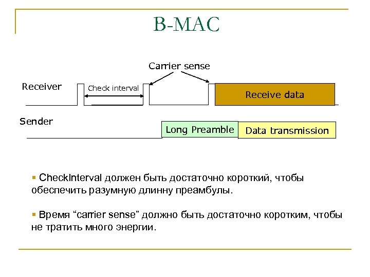 B-MAC Carrier sense Receiver Sender Check interval Receive data Long Preamble Data transmission §
