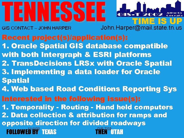 TENNESSEE GIS CONTACT – JOHN HARPER TIME IS UP John. Harper@mail. state. tn. us