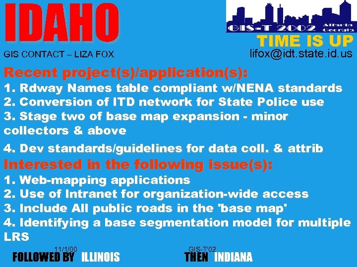 IDAHO TIME IS UP lifox@idt. state. id. us GIS CONTACT – LIZA FOX Recent