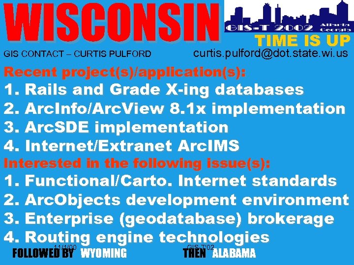 WISCONSIN GIS CONTACT – CURTIS PULFORD TIME IS UP curtis. pulford@dot. state. wi. us