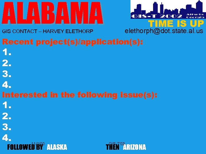 ALABAMA TIME IS UP elethorph@dot. state. al. us GIS CONTACT – HARVEY ELETHORP Recent