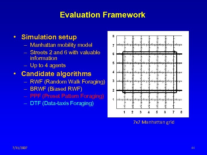 Evaluation Framework • Simulation setup – Manhattan mobility model – Streets 2 and 6