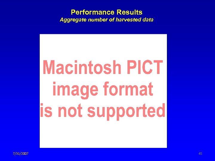 Performance Results Aggregate number of harvested data 7/31/2007 45 