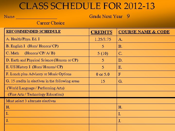 CLASS SCHEDULE FOR 2012 -13 Name _________ Grade Next Year 9 Career Choice RECOMMENDED