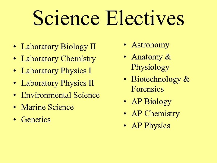 Science Electives • • Laboratory Biology II Laboratory Chemistry Laboratory Physics II Environmental Science