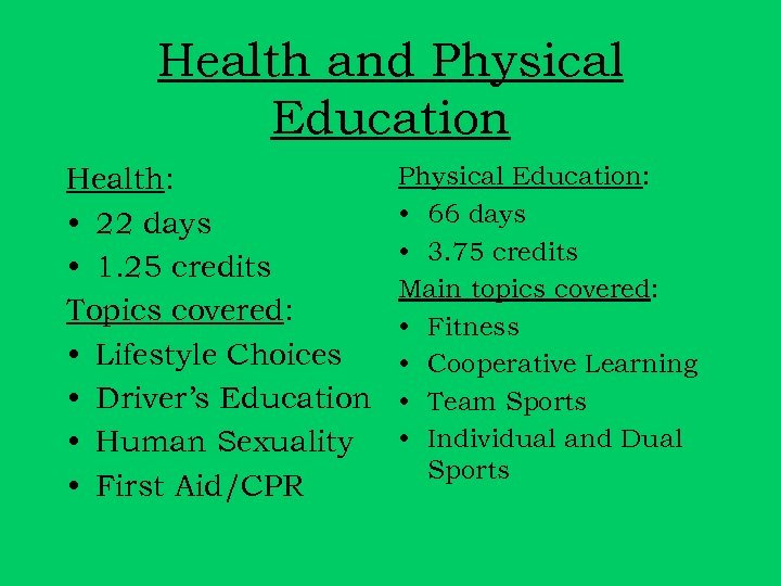 Health and Physical Education Health: • 22 days • 1. 25 credits Topics covered: