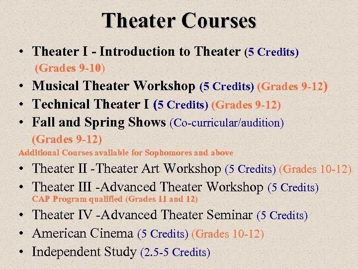 Theater Courses • Theater I - Introduction to Theater (5 Credits) (Grades 9 -10)