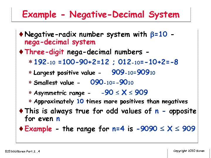 Example - Negative-Decimal System ¨Negative-radix number system with =10 - nega-decimal system ¨Three-digit nega-decimal