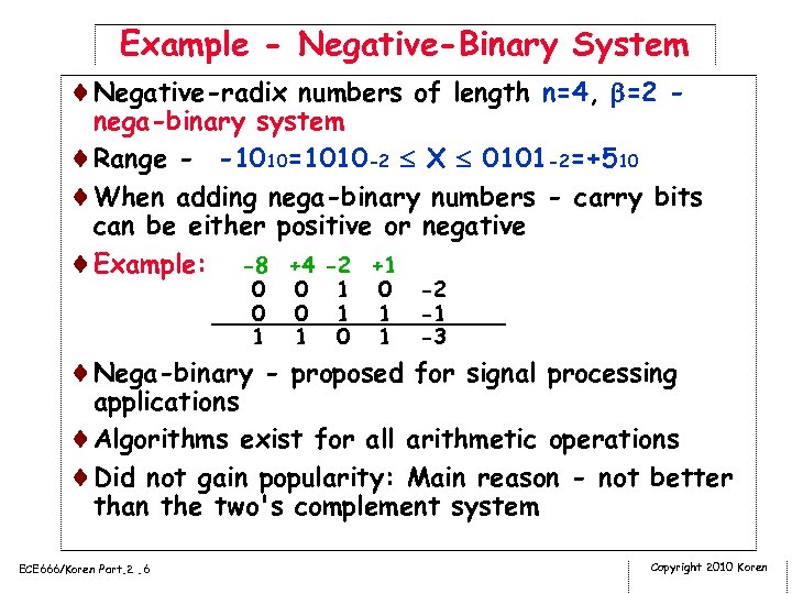 Example - Negative-Binary System ¨Negative-radix numbers of length n=4, =2 - nega-binary system ¨Range