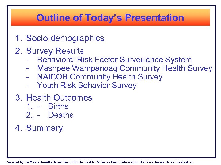Outline of Today’s Presentation 1. Socio-demographics 2. Survey Results - Behavioral Risk Factor Surveillance