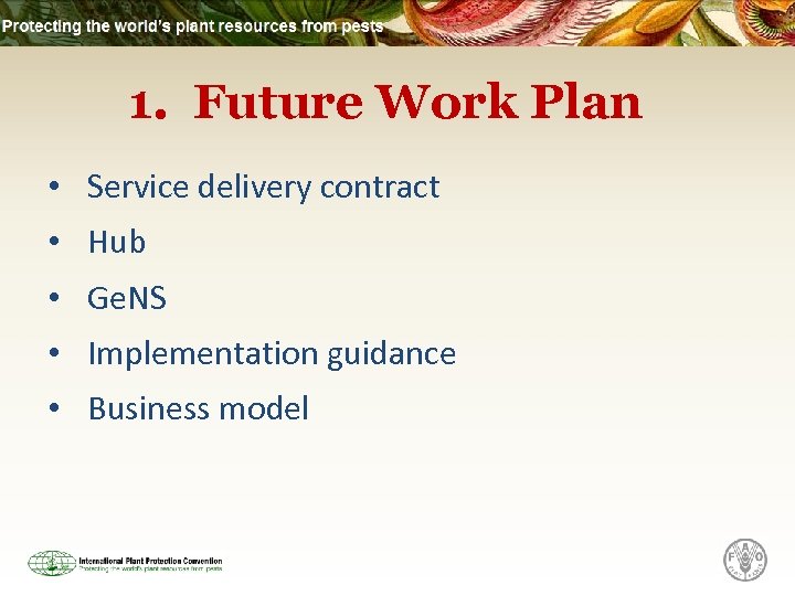 1. Future Work Plan • Service delivery contract • Hub • Ge. NS •