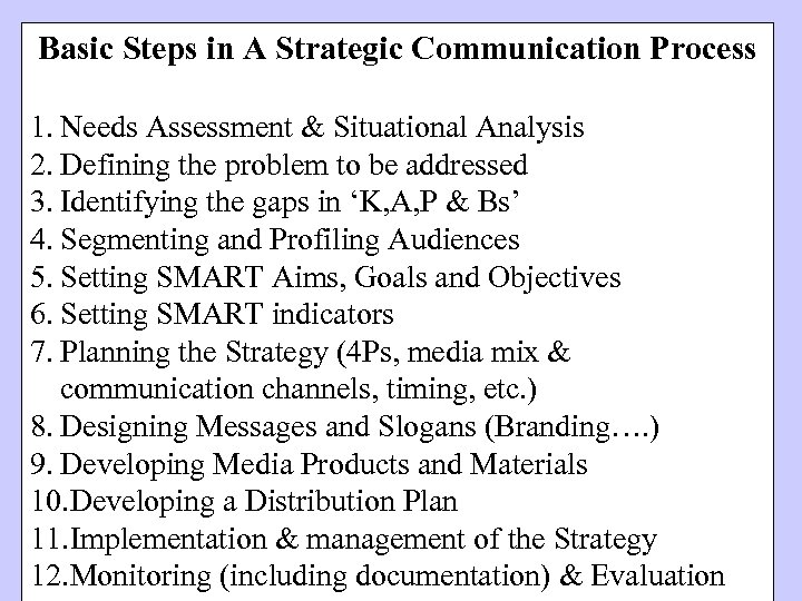 Basic Steps in A Strategic Communication Process 1. Needs Assessment & Situational Analysis 2.