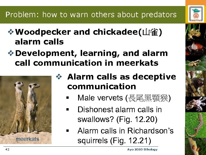 Problem: how to warn others about predators v Woodpecker and chickadee(山雀) alarm calls v
