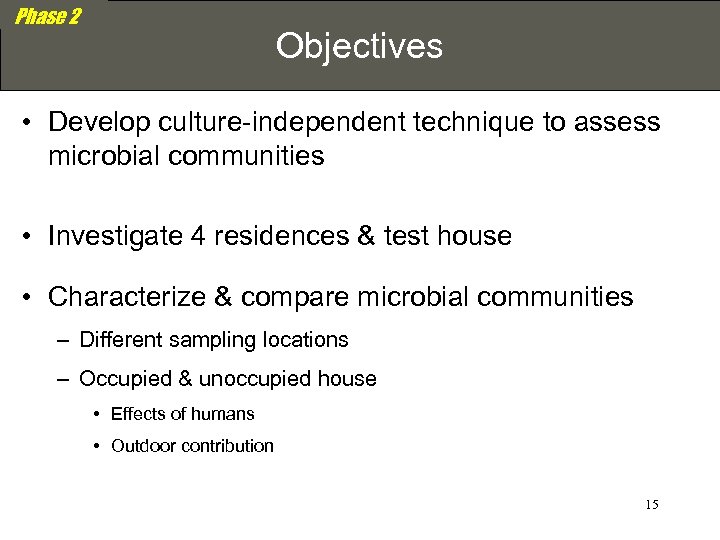 Phase 2 Objectives • Develop culture-independent technique to assess microbial communities • Investigate 4