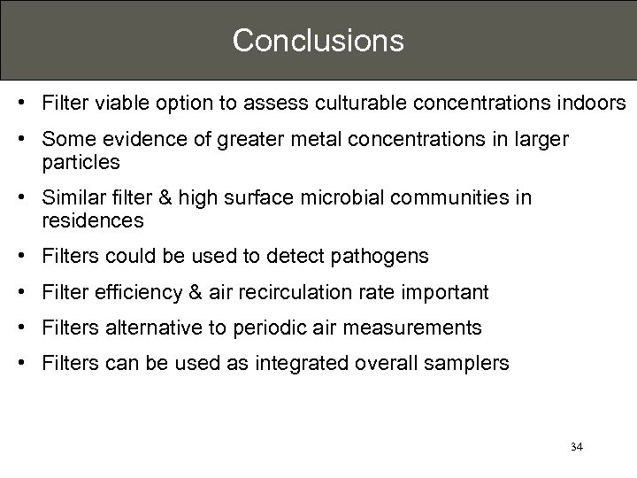 Conclusions • Filter viable option to assess culturable concentrations indoors • Some evidence of