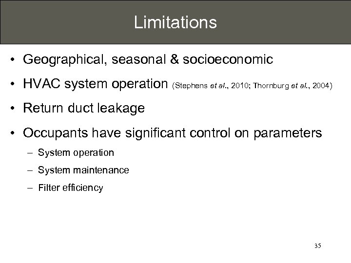 Limitations • Geographical, seasonal & socioeconomic • HVAC system operation (Stephens et al. ,