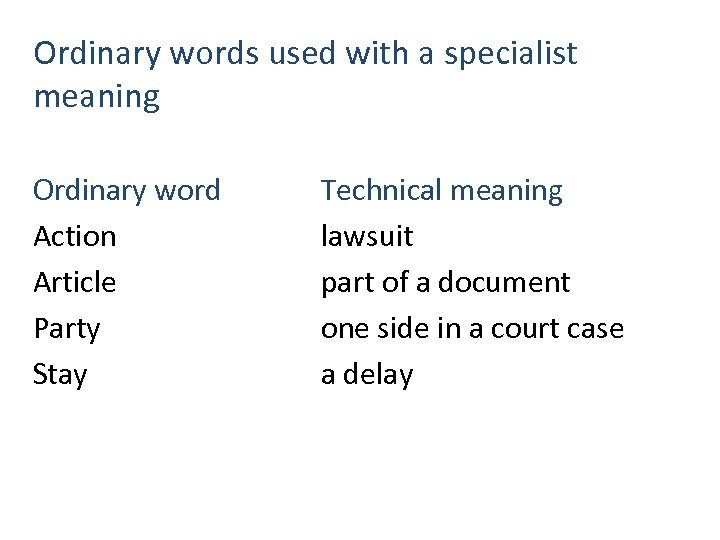 Ordinary words used with a specialist meaning Ordinary word Action Article Party Stay Technical