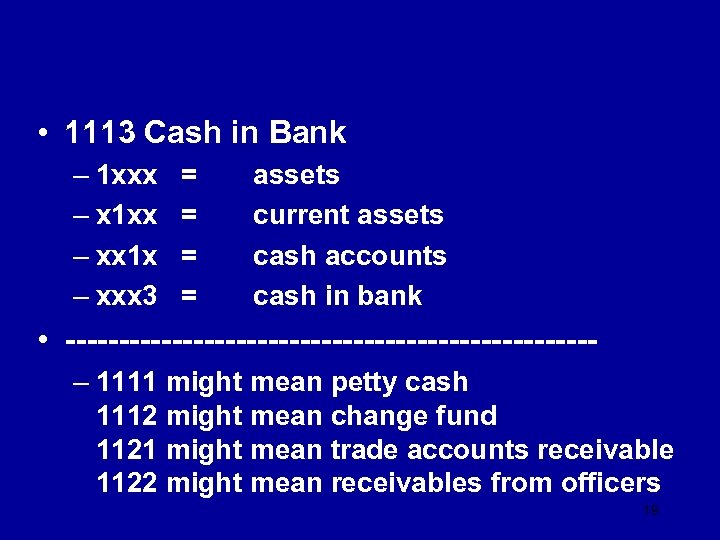 GL Hierarchical Coding • 1113 Cash in Bank – 1 xxx – x 1