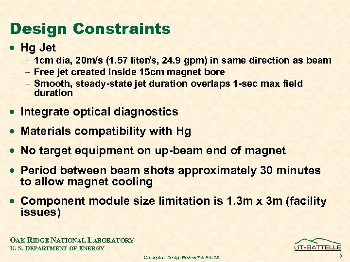 Design Constraints · Hg Jet - 1 cm dia, 20 m/s (1. 57 liter/s,