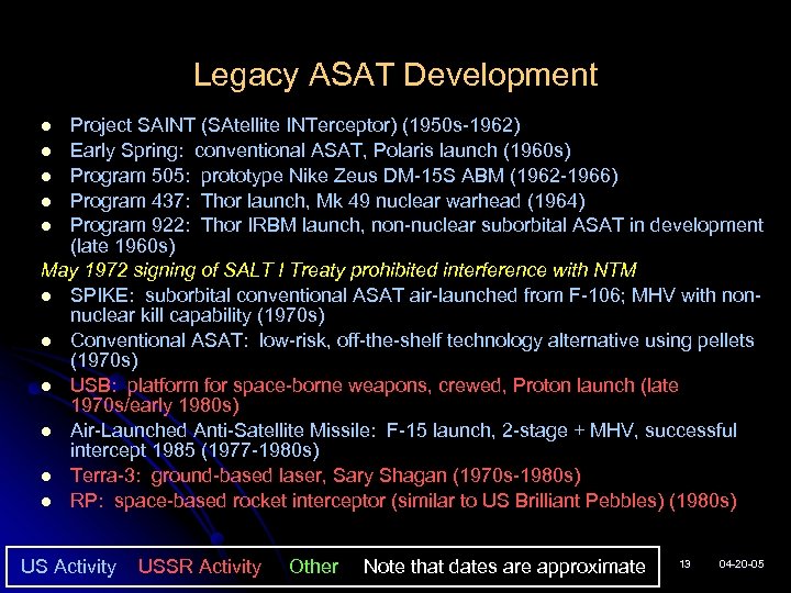 Legacy ASAT Development Project SAINT (SAtellite INTerceptor) (1950 s-1962) l Early Spring: conventional ASAT,