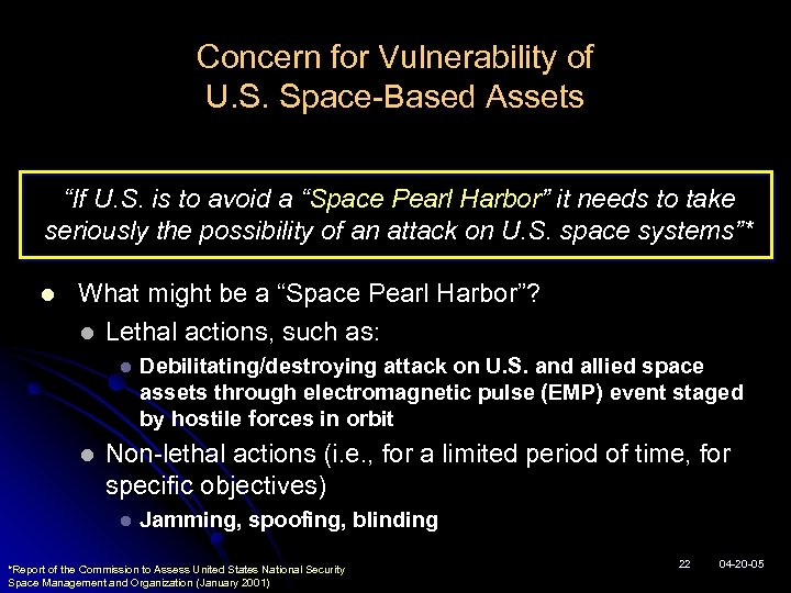 Concern for Vulnerability of U. S. Space-Based Assets “If U. S. is to avoid